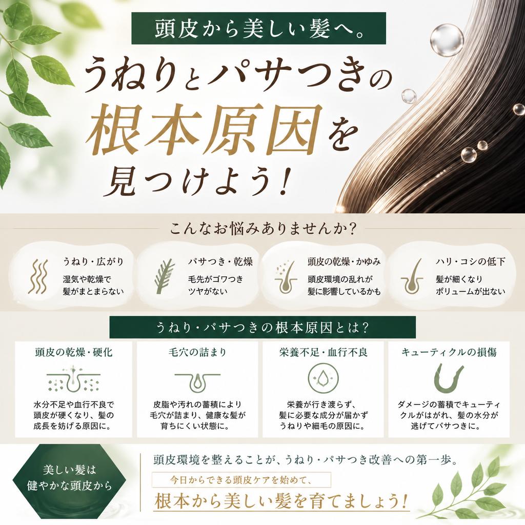 頭皮から美しい髪へ。うねりとパサつきの根本原因を見つけよう！